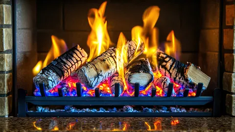 Glowing embers in a wooden fireplace on a cold evening.