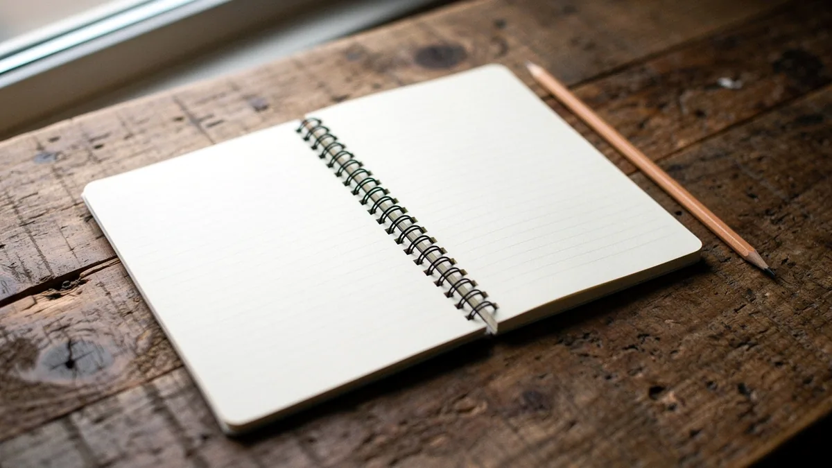 Illustration: An open ruled notebook and a wooden pencil on an oak tabletop.