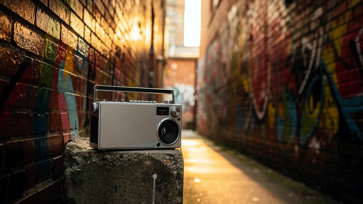 Illustration: A boombox on a ledge in a graffiti covered alley.