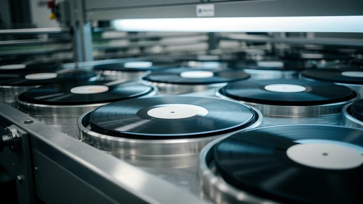 Illustration: Fresh vinyl records at a pressing plant in a row of metal molds.