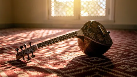 Illustration: A sitar resting on a patterned carpet in a sunlit room.