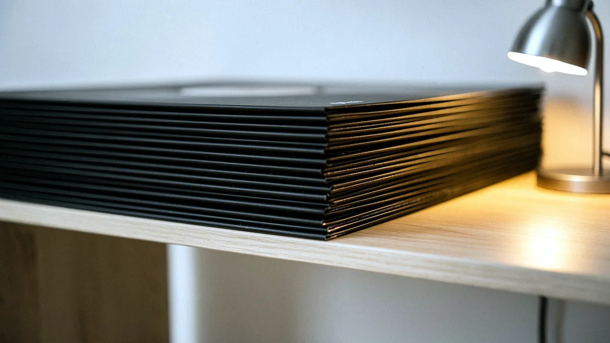 Illustration: A stack of vinyl records on a wooden shelf in warm light.
