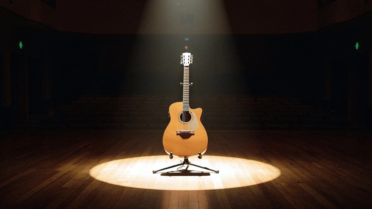 Illustration: A guitar left on an empty stage under a single spotlight.