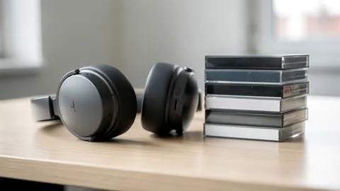 Illustration: Headphones on an office desk next to a stack of cassette tapes.