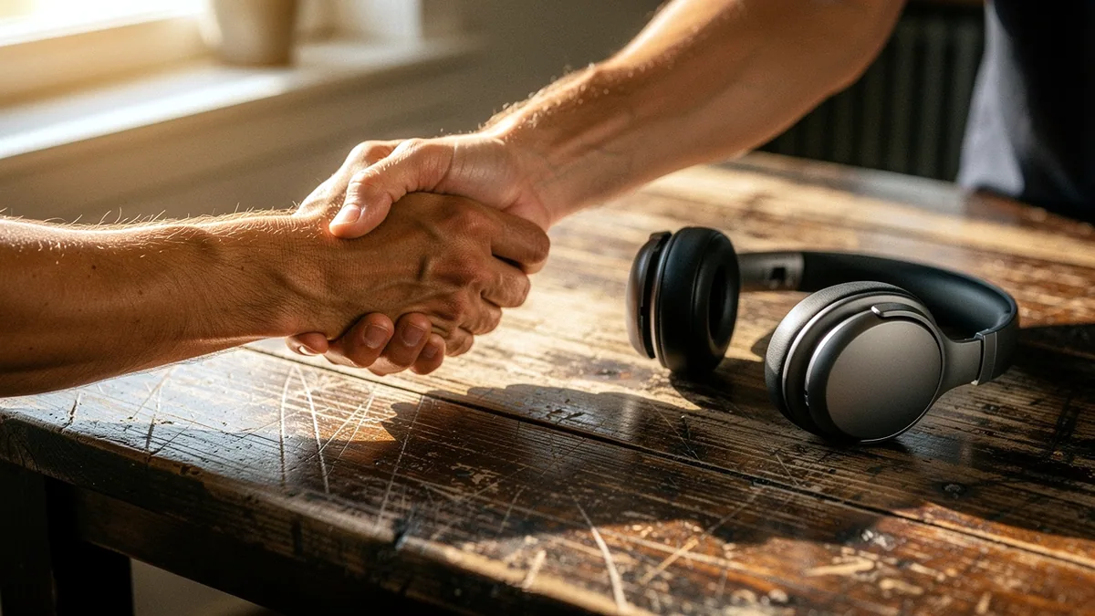 Illustration: A handshake across a wooden table after a recording session.
