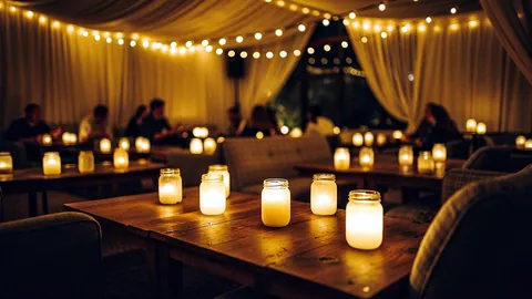 Illustration: Mason jar candles and string lights in a crowded listening room.
