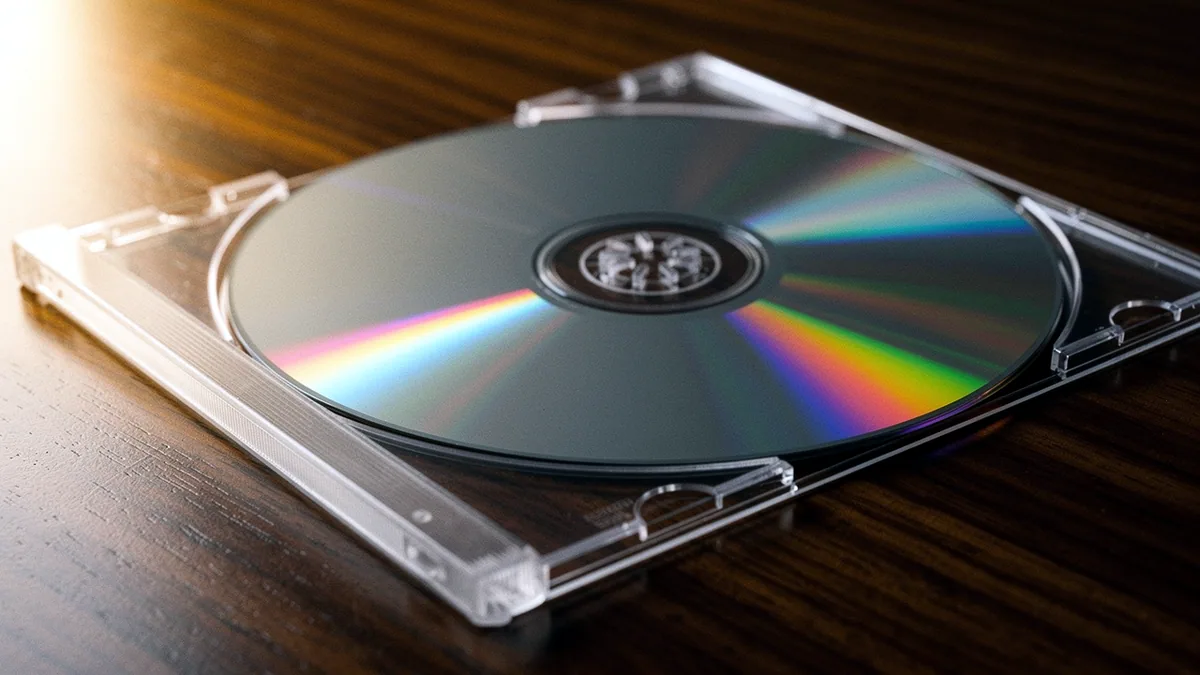 Illustration: A CD case reflecting rainbow light on a dark table.